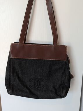 Chanel Black Denim and Brown Leather Tote